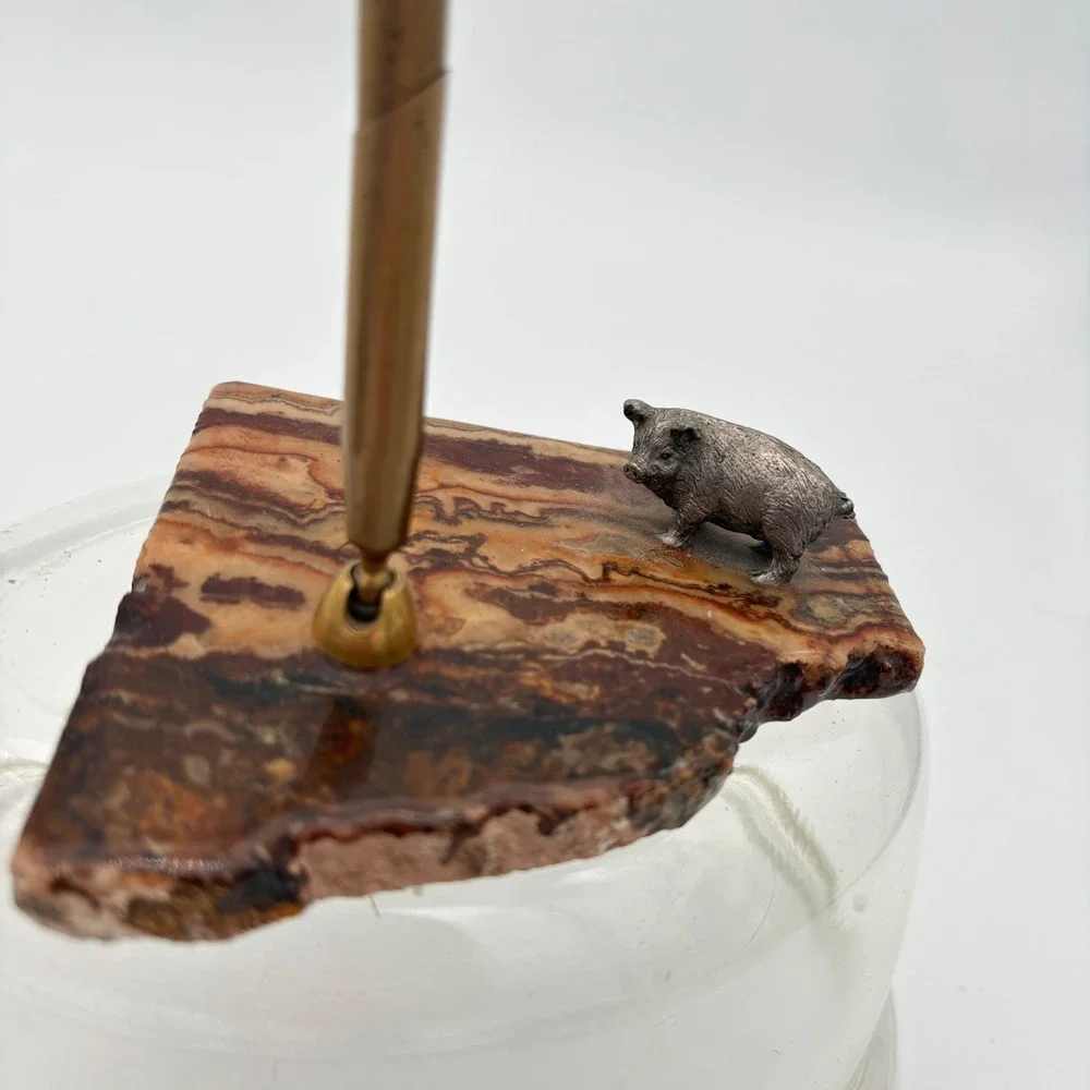 Vintage MCM Stone Slab Desk Pen Holder Metal Pig pork farm animal butcher Agate‎